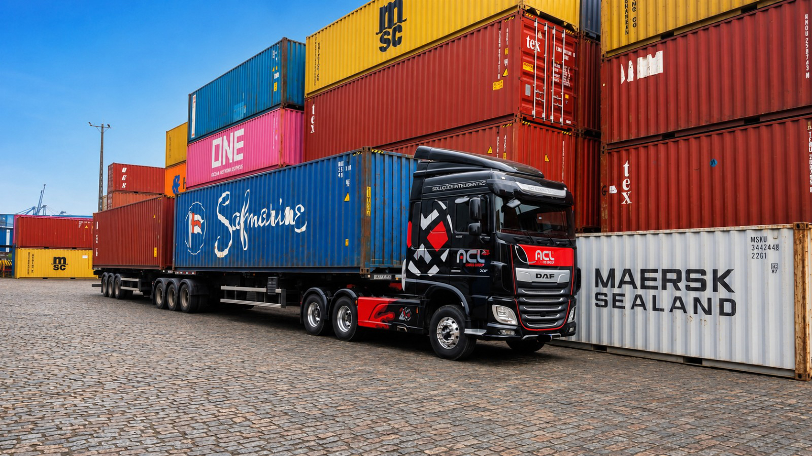 Cavalo DAF XF da ACL Cargo com carreta de contêiner no terminal portuário de Santos