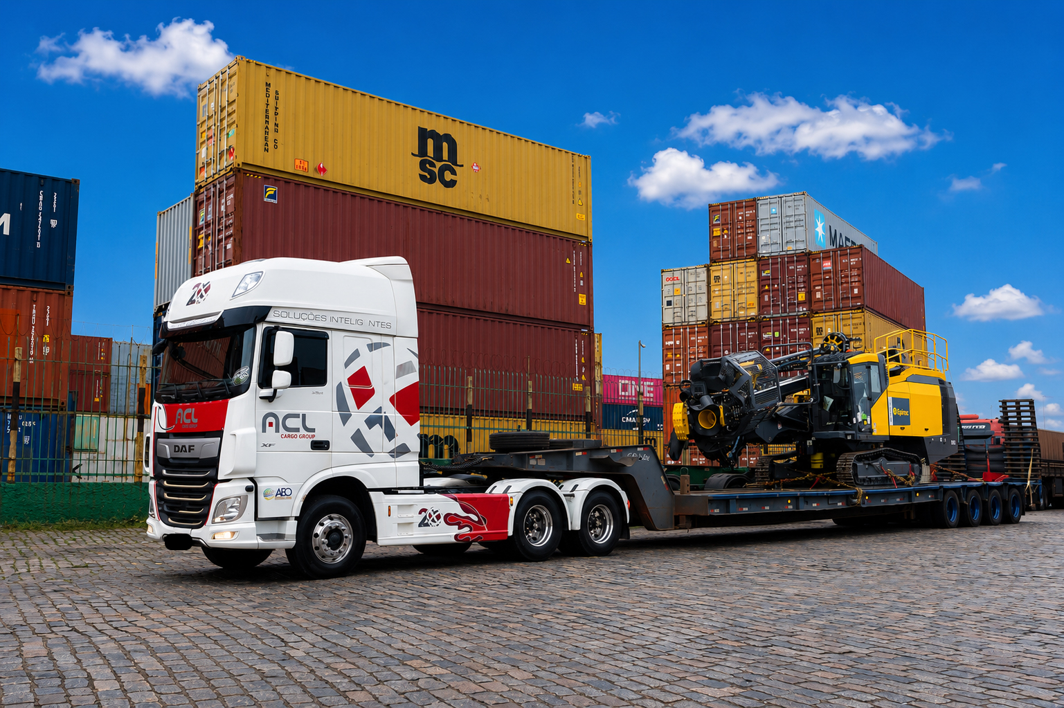 Carreta ACL Cargo no pátio portuário de Santos entre contêineres